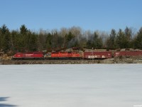 CP 5420 North departs North Siding Switch Bala with "The steel train" 437 to Sudbury after having met SOO 6033 South with 118. After a very sunny, nostalgic moment on the ice, I remember spending the walk back to the truck trying to remember what year it was! To see a photo of the SOO 6033 South, <a href= http://www.railpictures.ca/?attachment_id=91 target=_blank> click here</a>