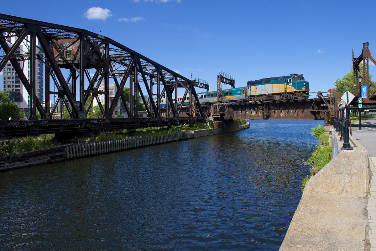 VIA 6440 leads VIA 67 over the Lachine Canal five minutes after departing Central Station in Montreal.