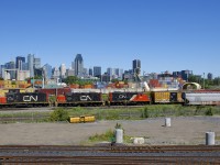 A trio of GP9's (CN 7226, CN 7054 & CN 7083) are switching Pointe St-Charles Yard. Behind them is the Montreal Sub and behind that is the skyline of downtown Montreal. In front of them are tracks leading to the AMT Pointe-Saint-Charles Maintenance Centre. This is the view from a new park that overlooks the yard just west of it, along Sebastopol Street. 