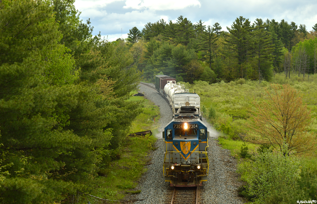 DH 7304 North spraying it's way Northwardsat Mile 50 Parry Sound sub enroute to Sudbury for the night. A long ways from home in the rugged shield of Central Ontario, 7304 looks right at home somehow!