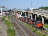CN 120 has CN 3044, CN 2199 & CN 5795 as head end power and DPU CN 2880 as it heads east on the freight track of CN's Montreal Sub with 624 axles. Normally this train is on the north track, but CN 149 is seen lined on the south track and soon after VIA 33 would be lined on the north track.