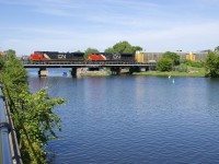 IC 2701 & CN 8918 lead CN 401 over the Lachine Canal on a hot summer afternoon.