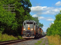 GEXR 431 is seen at mile 49.33 along the Guelph headed for Stratford with an ex-Alstom SD40-3 leading the way.  6908 was built as CN 5198.  Today it sill retains the Canadian style snowshields behind the cab.