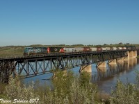 Eastbound empty grain train G808 crosses the North Saskatchewan River near Borden Saskatchewan
