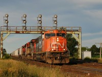 A late CN A435 slams the switch at Paris West on route to London. This train was experiencing engine issues along it's journey from Mac Yard.