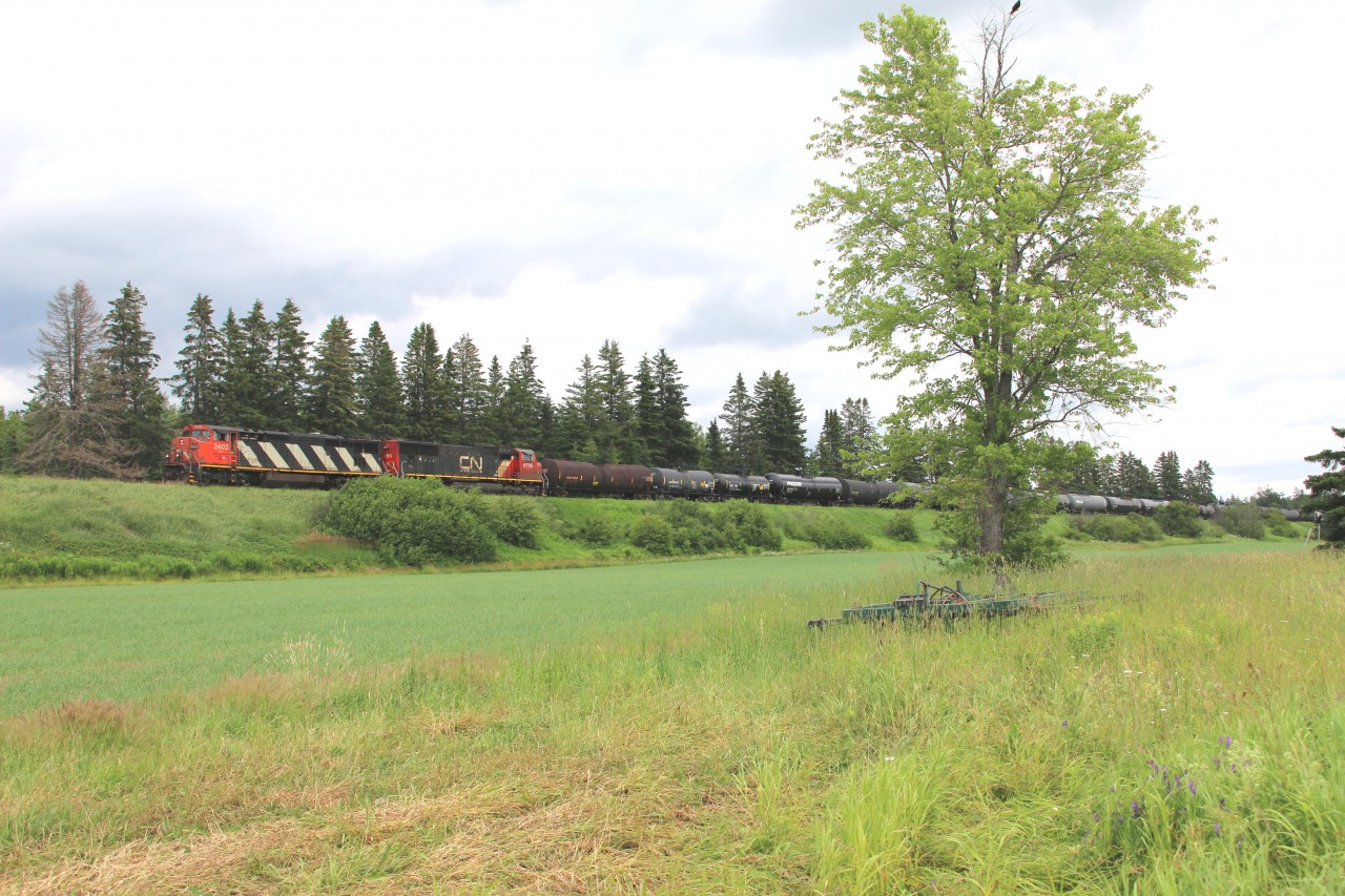 It's getting extremely rare to see these old cowls in these parts, much less leading no less!  Here we have CN 406W passing Allison, NB en route to Saint John with a short 2580 foot over-powered train rolling down hill with the dynamics blaring.  Once these guys pass the next crossing they will throttle up to 40mph for the next 175 miles to their destination.