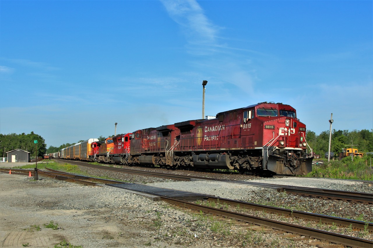 While laying in bed deciding whether to get up or not, the sound of a horn solved the issue. I could here it was going slow and figured it was CP 234 approaching Guelph Junction to do its work, so off I went. It was a nice surprise to find this five engine consist for power as it glided to a stop to unload a bunch of cars for the OSR. CP 9815, CP 9726, CP 5024, BNSF 4363 and CP 2264 provided the power. The CP 9815 leader still shows the signs of its former "Christmas Train" lights.