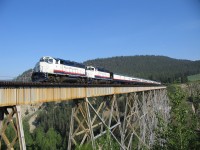 A wonderful summer morning in central BC. A railfan friend and I ventured out to Deep Creek bridge and got a few images of the RMR Fraser Discovery on it's south trip, having departed earlier this morning from Quesenl and the scenic journey to Whistler. Getting to the bridge is a rough trail up the hillside over private property. Being a railway employee, in a roundabout way I had local permission to access the bridge.