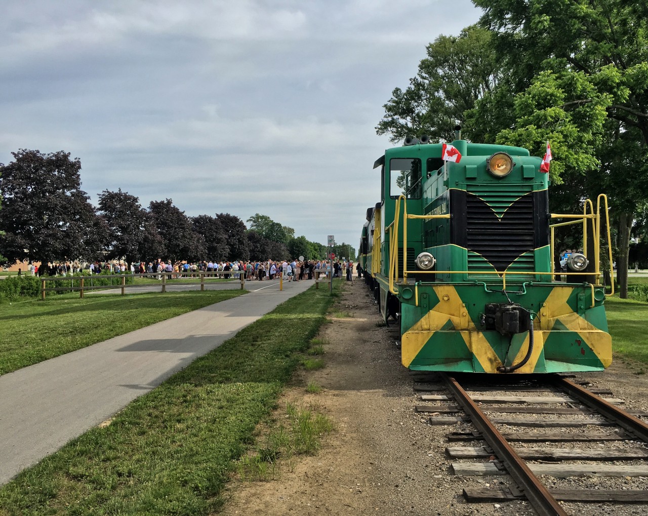 The annual Southwold Grad Charter has arrived at Parkside, and the graduating class is disembarking to attend their graduation. Leading the train is PSTR L3, 44 tonner, formerly CN #1, built in 1947. The heavyweight coach, built 1937, and service car are both of CN heritage as well.