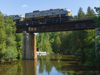 CP's "Canada 150 Train" rolls over the 1910-built Progreston Trestle on its way down to Kinnear Yard in Hamilton.