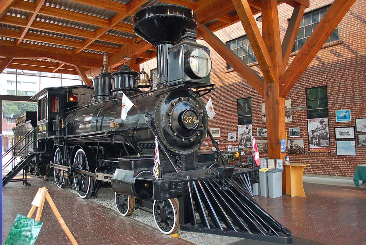 Photographed during our latest trip out West on VIA's Canadian: Canadian Pacific 4-4-0 type steam locomotive #374 sits on display at the Drake Street Roundhouse in Vancouver. This was the first engine to bring a passenger train into Vancouver in 1886. This photo is from the latest trip my wife & I took in Prestige Class on the 'Canadian' from Toronto to Jasper, AB to visit Jasper & Banff National Parks, the Banff Springs Hotel and various preserved railway equipment in Alberta & British Columbia before continuing on the train in Sleeper Plus Class to Vancouver. For more pics & videos from this trip visit my webpage at  http://northamericabyrail.info/a-trip-on-via-rails-canadian-2017-toronto-on-jasper-ab-banff-ab-vancouver-bc/  
Also, the trip overviews on my site now include links to not only rail services like VIA but connecting transportation, rental cars, hotels & attractions to help those thinking of planning a similar trip. Cheers, Pete
