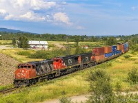 CN 4775, and old warrior, leads westbound train 406, as they pass under Highway 1, after heading through the town of Sussex, New Brunswick. 