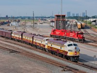 <b>Overnight stay</b> It's time to head back on the road, this time to Montreal. CP 40B departs Toronto Yard, a once busy hump yard, reduced to now flat switching traffic.