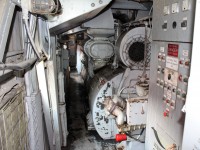 CP 4106 FP9A's engine room as viewed from the engineer's doorway. Head end power controls are on the right.