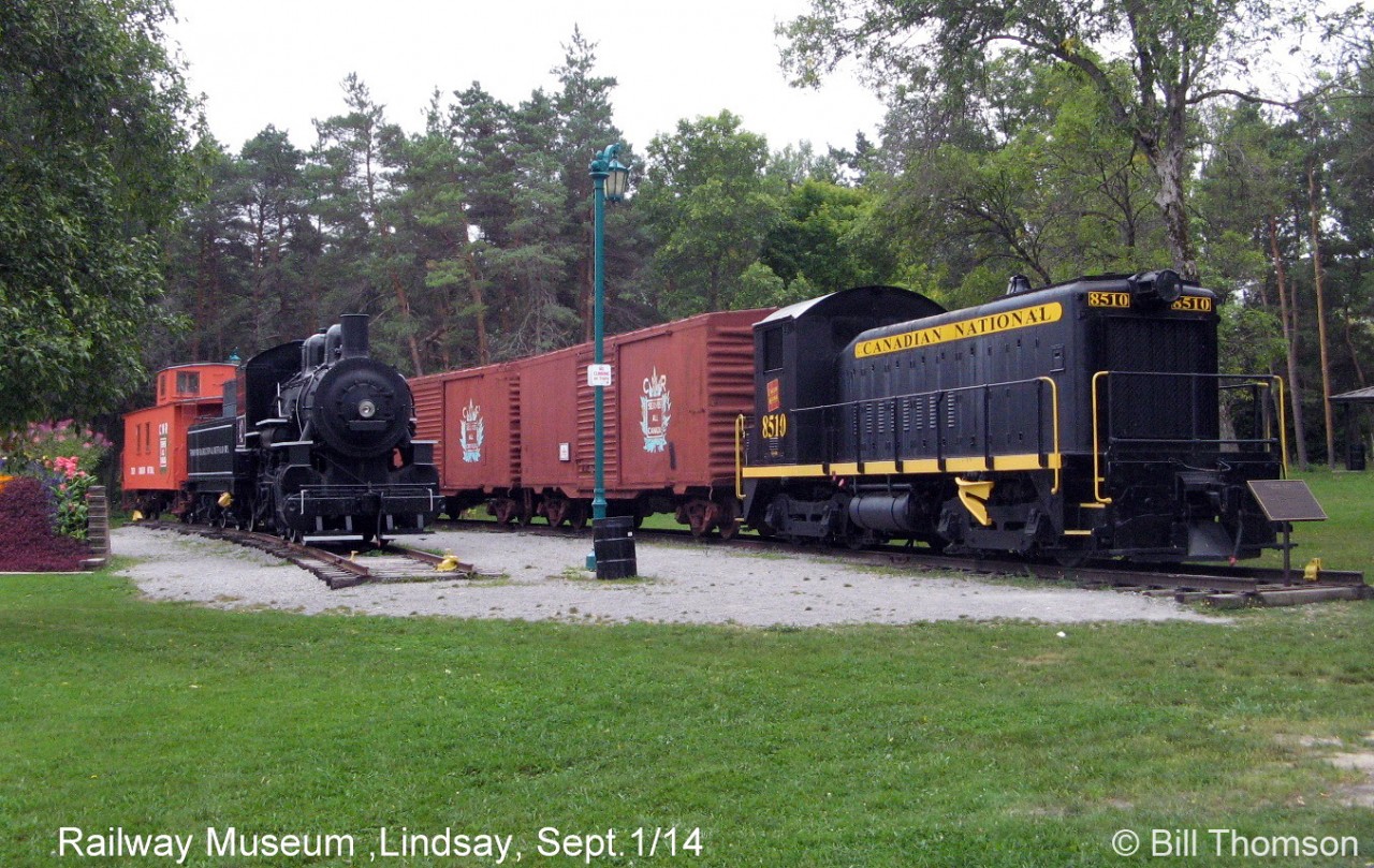 Former CN SW8 8510 and ex-Stelco/ex-TH&B 0-6-0 42 sit on static display at The Kawartha Heritage Centre in Memorial Park, Lindsay.
