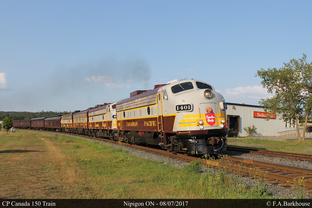 The CP Canada 150 train passing through Nipigon. Didn't even slow down for the beer store!
