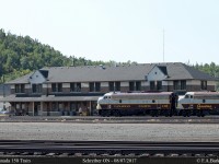 The Schreiber station, built in the 1920's, makes a fitting backdrop for the Tuscan and Grey F-Units and passenger cars as the CP Canada 150 train pauses for a crew change.