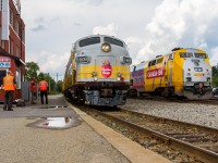 <b> The Trains of Canada 150: </b> Making good time across Eastern Ontario, Canadian Pacific train no. 40B wastes no time as it completes a quick crew change at Smiths Falls, ON before proceeding east to Montreal. With serendipitous timing, 40B pulled into Smiths Falls just as an Ottawa-bound VIA train rolled through with one of their funky Canada 150 units shoving on the rear. Seeing two generations of passenger locomotives celebrating Canada's heritage was quite special.