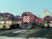 Alas, the old diesel facilities at Hamilton's TH&B Chatham St are but a distant memory, but it gave us guys some great times while it lasted. Here's a shot of some power laying over near the shop. TH&B 58 and 54. Middle: CP 4222, 4246, 4228 and 4234; and TH&B 57 on the right. So long as you were well behaved and asked permission, there was no fear of being scurried off the property for trespassing, either.