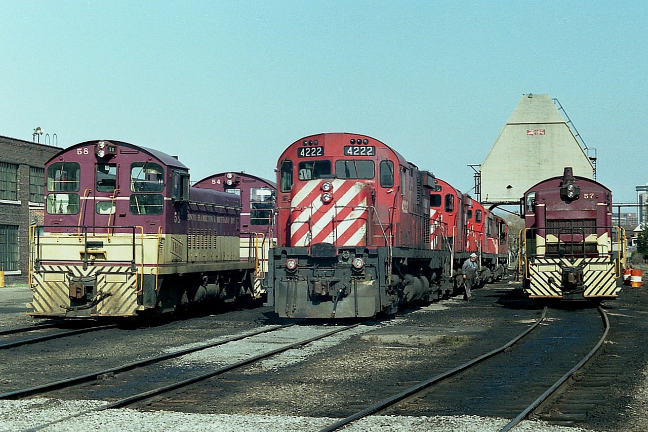 Alas, the old diesel facilities at Hamilton's TH&B Chatham St are but a distant memory, but it gave us guys some great times while it lasted. Here's a shot of some power laying over near the shop. TH&B 58 and 54. Middle: CP 4222, 4246, 4228 and 4234; and TH&B 57 on the right. So long as you were well behaved and asked permission, there was no fear of being scurried off the property for trespassing, either.