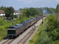  Theatre car CP 1 brings up the rear of part of the CP 150 train. After setting off two string of cars on two tracks, the train is leaving Ottawa Station with nine cars just before the CP 150 show begins. That part of the train will lay over at nearby Walkley Yard until the show ends, presumably there was not enough room for the whole train to stay at the station the entire afternoon.