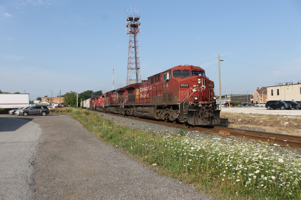 CP 8503 rolls east through Chatham on a sunny day. Six years ago, a plaza was to the right of the tracks but has been turned into a parking lot due to a past fire. Units CP 6259 (3rd) & CP 5023 (4th) were lifted in Windsor this morning.