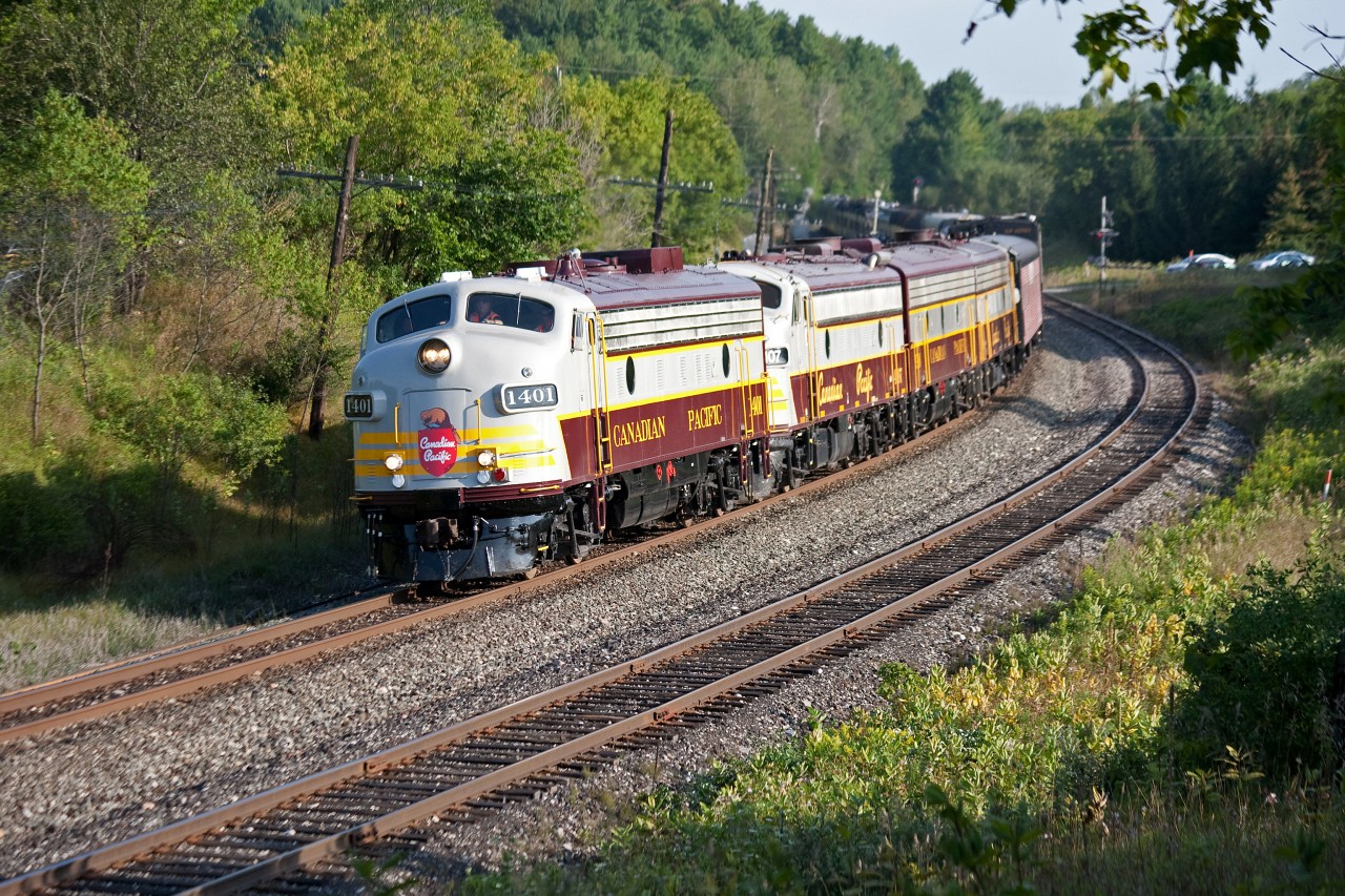 Heading home to Calgary after a fantastic Canadian tour, the CP "Canada 150" Train passes the south end of Palgrave Siding. 
She takes with her loads of great memories, along with what I sense is a new and welcome spirit at CP.
Safe travels 1401 !!