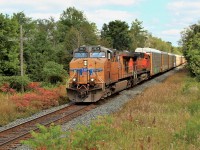 Todays CP 147 led by UP 5534 with BNSF 4944 slowly climbs the grade through Puslinch on its way to the siding where it will meet T69 and CP 254 before continuing westward.