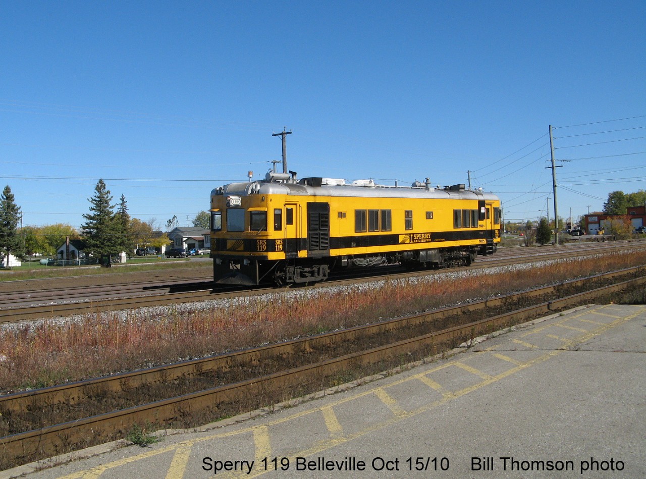 Sperry Rail Service track defect detecting car SRS 119 (built by EMC/St. Louis in 1927 as Baltimore & Ohio 6003) rolls through Belleville Station on CN's Kingston Sub.