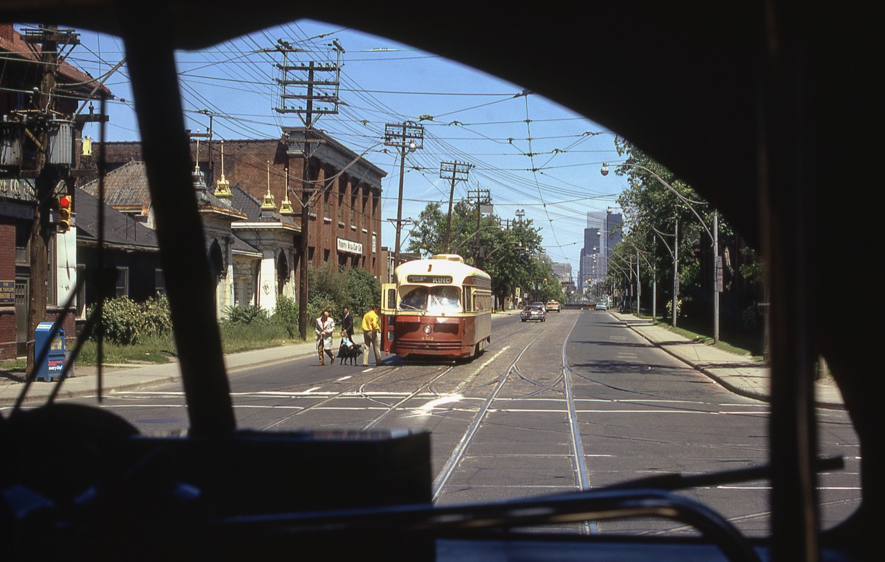 This has the corrected caption.
TTC 4312 is seen through the windshield of an approaching PCC.
The date is approximate.