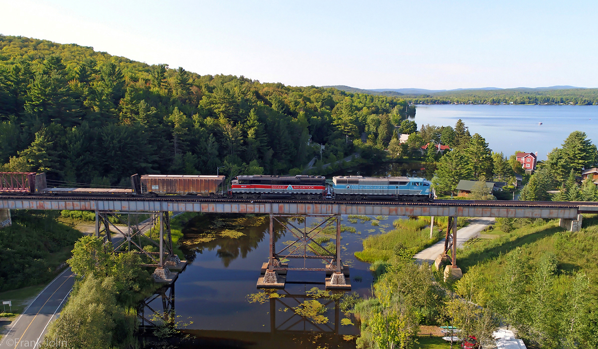 Bound for Greeville Jct Maine, Central Maine & Quebec Job#2 rumbles high above Eastman Quebec
