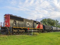 Tonight's version of CN 438 is led by engine 5643, which almost leads in popularity as seeing VIA 905 on Train 78. It came to a slow rolling stop, blocking the evening traffic at Keil Drive before rapidly pulling forward to lift some cars from the siding.