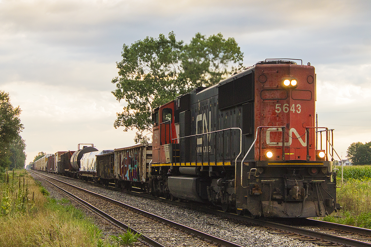 Rural small towns like Northwood have always been intriguing to me. Although they don't contain as much railway history like some of Ontario's larger towns or cities, it's these types of communities that most residents can recall what it was like in an era that 'once was'. Here, modern day CN 5643 runs long hood forward with a smaller version of train 438.