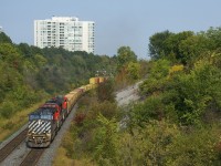 CN 149 with a varied lashup of BCOL 4650, CN 2009 & CN 3087 is climbing the grade on CN's York Sub, on its way to the Brampton Intermodal Terminal in the Toronto area.