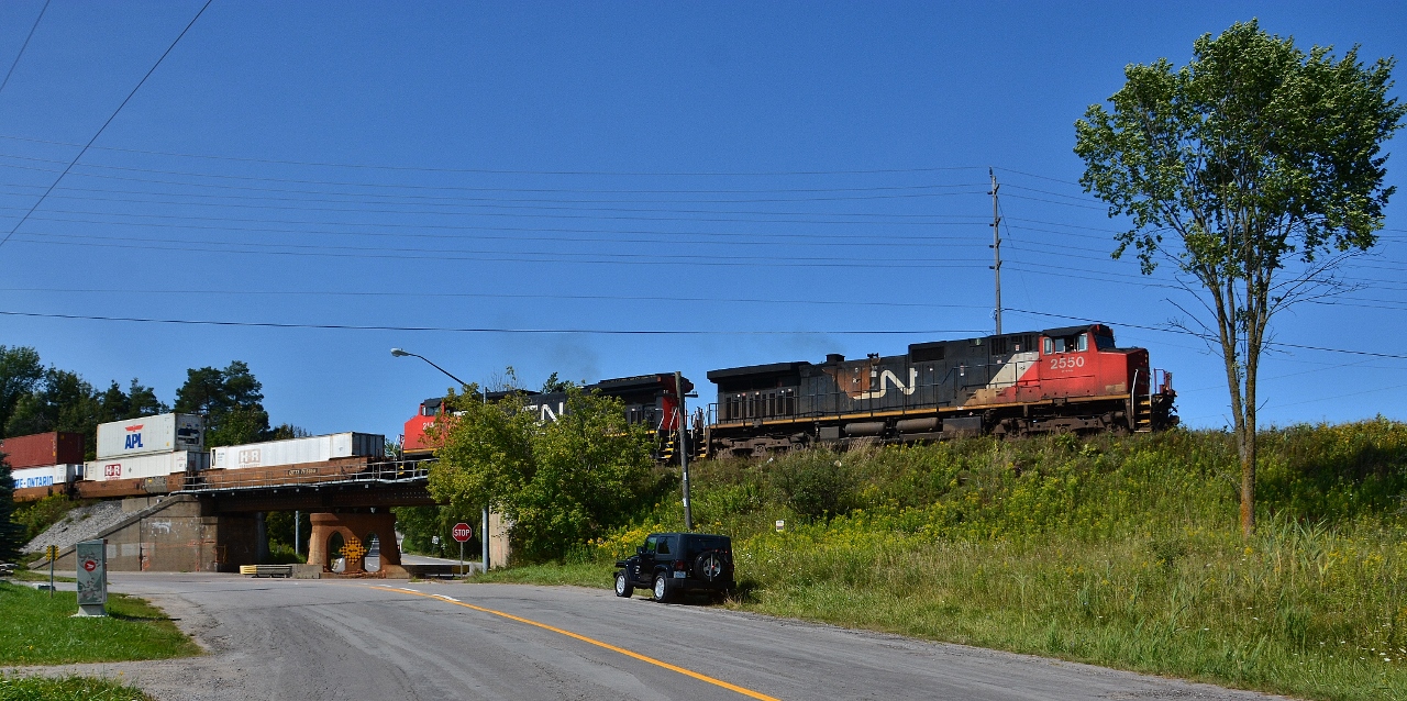 A wave from the CN Engineman,


CN#107 (CN 2550/CN2144 - COFC) at Vandorf, Ontario


after a double Quaker meet with CN #114 (CN 2835/CN2967/CN8951 - COFC) 


and VIA#2  #6436/6406


at Vandorf, 11:37 September 2, 2017 digital by S.Danko


More at Vandorf: 


   remember 


   one day will return 


Notable: blistered burnt paint below the exhaust, 2550 overheating recently


sdfourty