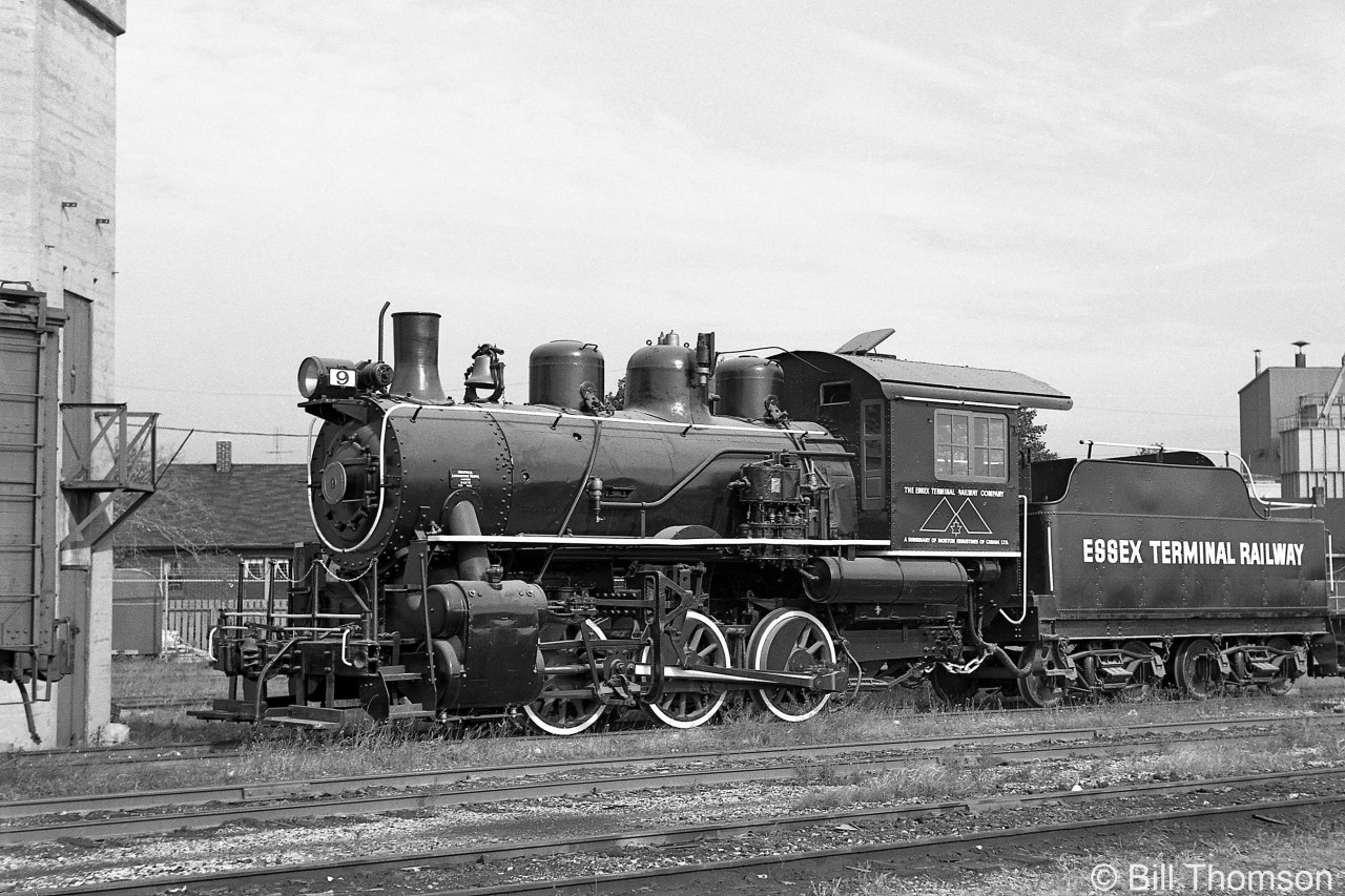 Another view of Essex Terminal Railway 0-6-0 steamer 9, still owned by ETR and sporting a newer logo, in Windsor Ont. in 1970.