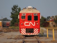 The CN track inspection RDC sits in the maintenance area of CN's London Yard in London, Ontario. The sun was setting giving some nice evening light on the nose of the RDC. 