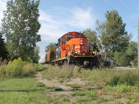After switching tracks further down the line at the Blenheim Junction, CN 7071 proceeds down the line running over weeds that have grown over the tracks. 