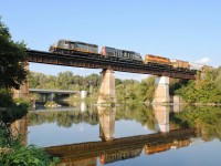 As an inspiration to Stephen C Host's shot which can be found when you click or search the link http://www.railpictures.ca/?attachment_id=17812 , GEXR 431 crosses the Grand River approaching Kitchener. Not the 100% same angle but the area is amazing!