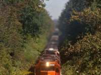 It would appear that extra power was needed to get train 431 up the Escarpment today. GP38 #2008 and GP35 #2500 are seen helping the usual pair of SD40s used on this weeks trains, as the power digs into the grade at Limehouse. Heat vapour from the units has distorted  almost everything in the background. 
