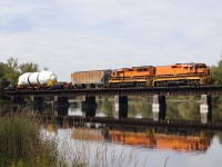 I think the last time I shot a train crossing over the Speed River in Hespeler was way back in the early 2000s when ETR #9 powered a number of special trains in the area. Unfortunately GEXR train #582's schedule doesn't work well typically with mine. I knew a second dimensional load was due out of Babcock Wilcox this week but had no idea when but figured I'd try a run to Cambridge today none the less. This time my late arrival paid off, and thanks to some friendly information from George Roth, which allowed me to capture this final movement. The two loads are now sitting at Guelph's, Guelph Junction and will be forwarded to CN this coming weekend then loaded onto a boat in Hamilton. 