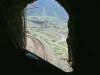 Descending Kelly Lake Hill on the BC Rail Lillooet sub, exiting one of three tunnels on the grade. It is quite a spectacular view on this warm summer afternoon. We will make a brief stop at Lillooet for a leg stretch, contact the RTC for track authority and continue south to Whistler.