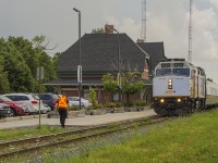 <b> I THOUGHT I WAS THE ONLY ONE!!! </b> A nice change from seeing the usual mud missile P42, wrapped in the special Canada 150 design. This was only my second shot of an F40 being in the Canada 150 wrap. Glad I had just caught this train, as it is readying to leave Chatham. The conductor has turned the key to lower the gates at both Queen and William Street crossings, and makes is way back to the cab.

But wait....who's that also photographing this train? Turns out I am not the only one who does this as a hobby. He is fellow rp.ca contributor, <a href="http://www.railpictures.ca/author/lukebellefleur"> Luke Bellefleur. </a> You can view his photo of 6437 <a href="https://www.facebook.com/photo.php?fbid=10159048047485008&set=p.10159048047485008&type=3&theater"> by clicking here.</a> 