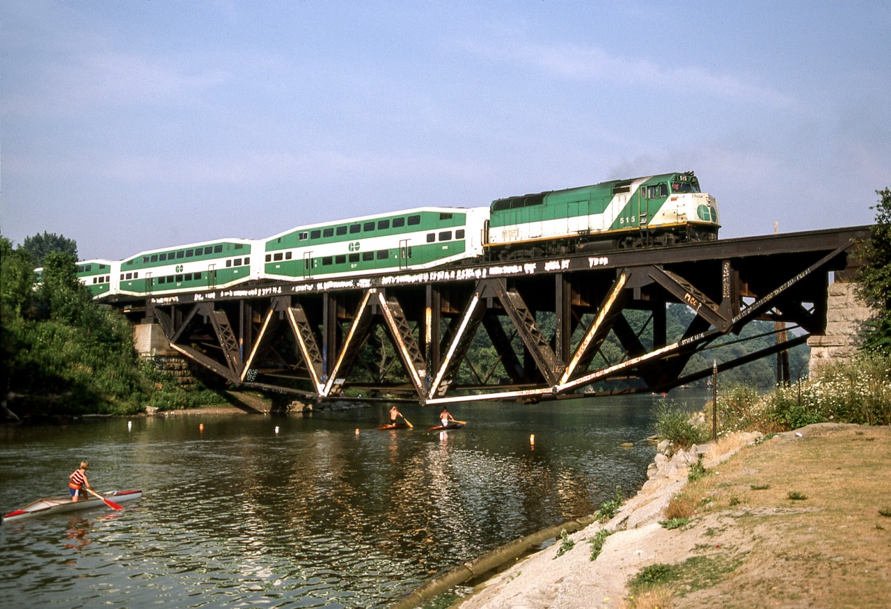 GO 515 crosses the Credit River in Port Credit, Ontario on August 10, 1985.