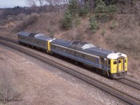 A pair of Budd cars including 6127 bring VIA #686 off the Dundas Sub at Bayview Jct