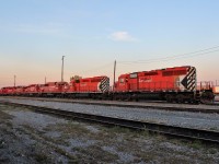 Local T10 backs onto the servicing tracks with it's "scrap load" consisting of SD40-2's CP 5765 & 5759 still in Multimark scheme and a pair of ex SOO LINE units 6618 & 6603 in block Canadian Pacific lettering. So long ol' gals we will miss your 645 engine sounds.