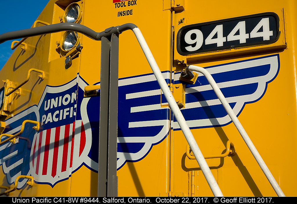 Union Pacific C41-8W basks in the early morning light as it rests at the Ontario Southland shops in Salford, Ontario on October 22, 2017.