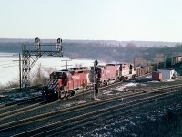 It wasn't often that the Starlite, even in the longer days, came out of Hamilton on the return trip to Toronto when there was still enough daylight for a decent photo. The glare of the sun off the locomotives can't be helped, but the result is still a pretty good image taken from an angle not often utilized at the Jct. The fact it was a bit of a hazy sky probably saved this from being a washout. CP 5733, 4712 and TH&B 401 is the power.
