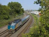 VIA 6401 leads VIA 67 with three LRC cars through Montreal West, with its next stop at Dorval.