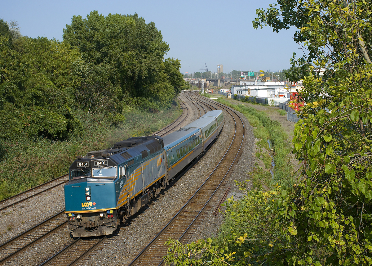 VIA 6401 leads VIA 67 with three LRC cars through Montreal West, with its next stop at Dorval.